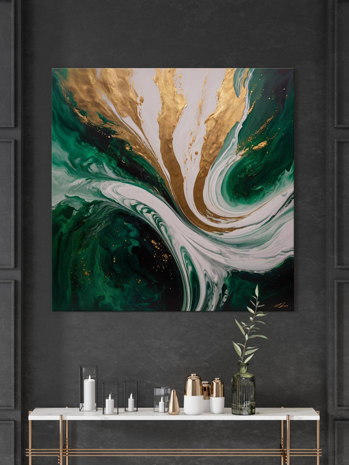 999Store Emerald Waves With Hints Of Gold Add A Sense Of Richness And Movement Abstract Painting