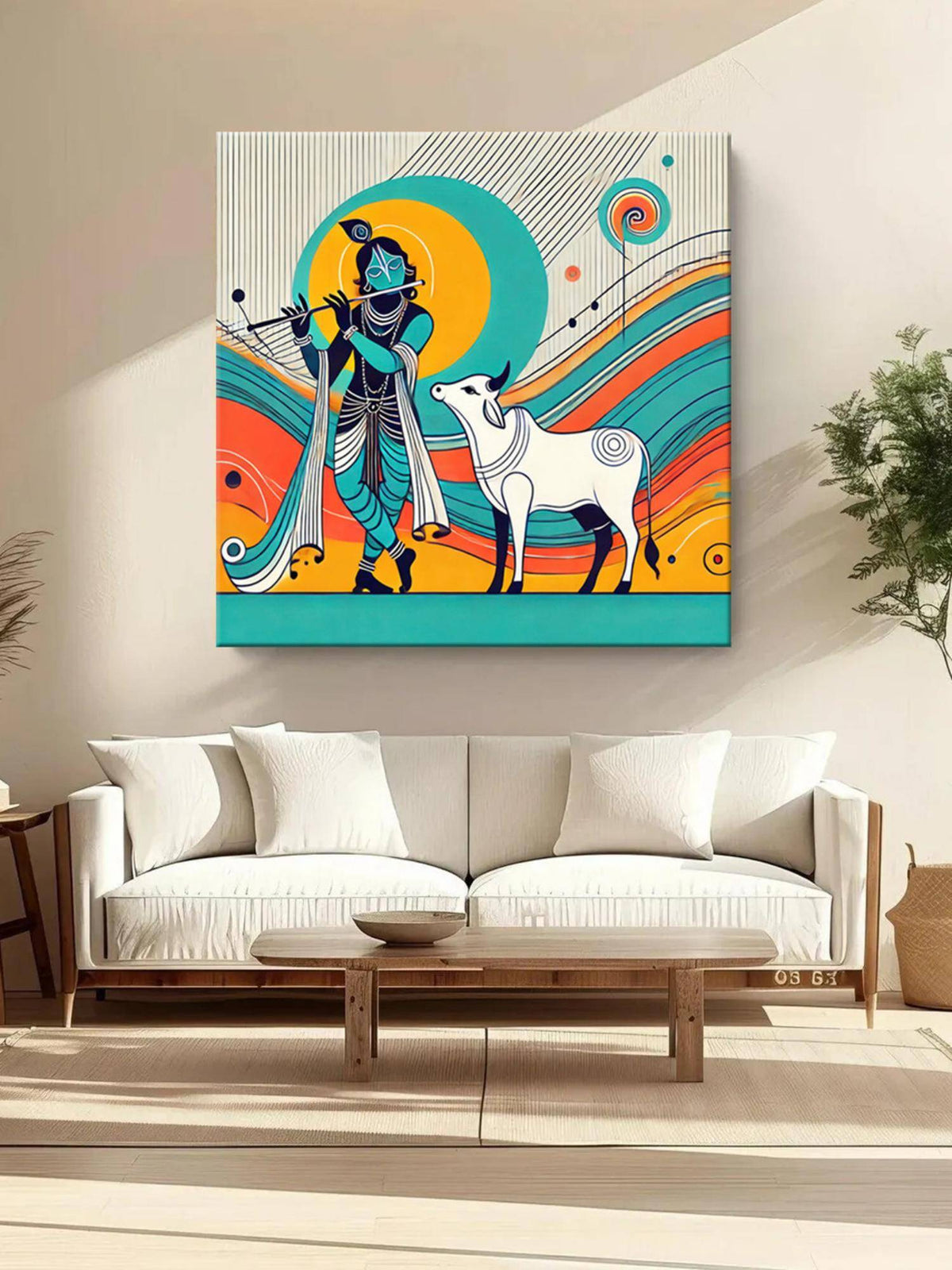 999Store Modern Depiction Of Krishna And His Sacred Cow In Vibrant Colors - Canvas Painting