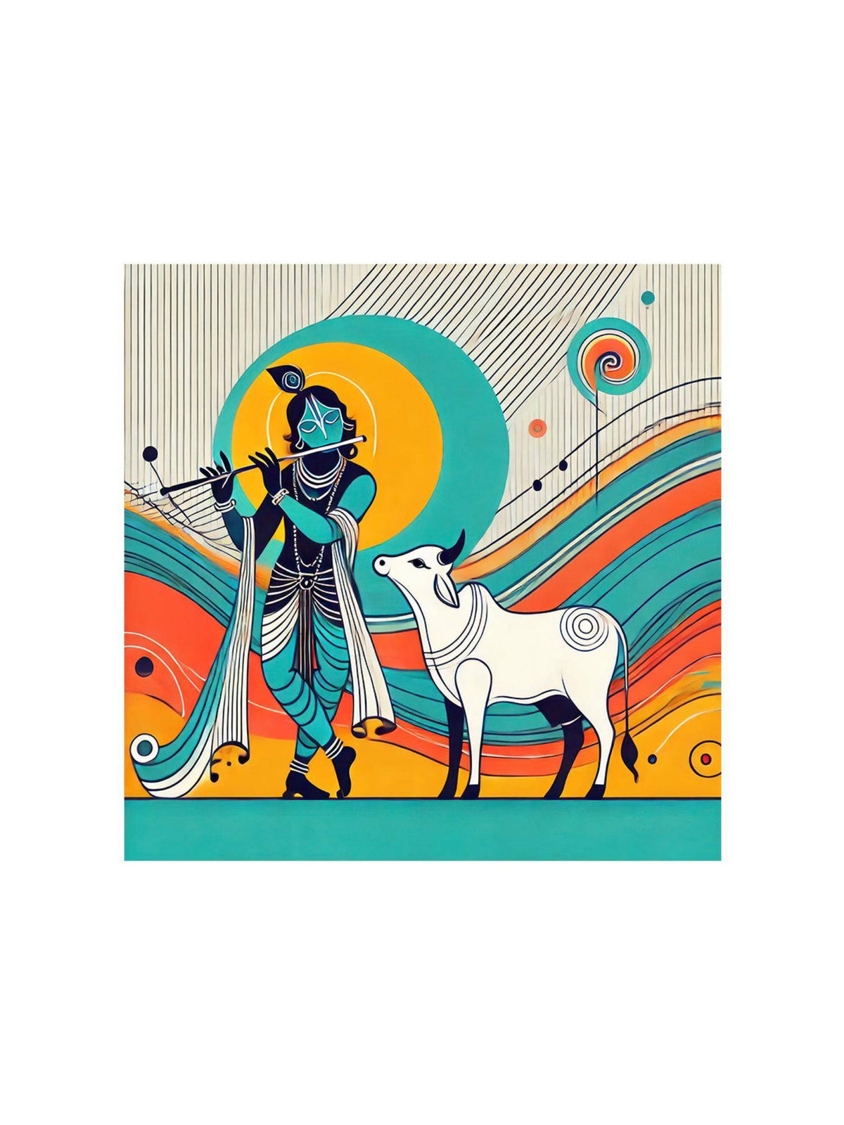 999Store Modern Depiction Of Krishna And His Sacred Cow In Vibrant Colors - Canvas Painting