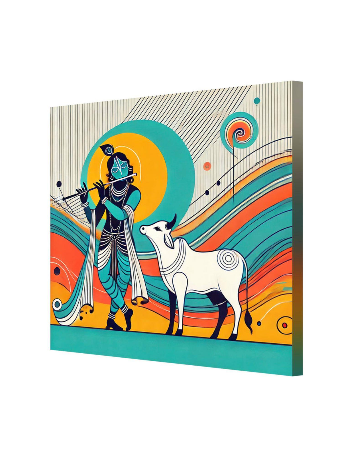 999Store Modern Depiction Of Krishna And His Sacred Cow In Vibrant Colors - Canvas Painting