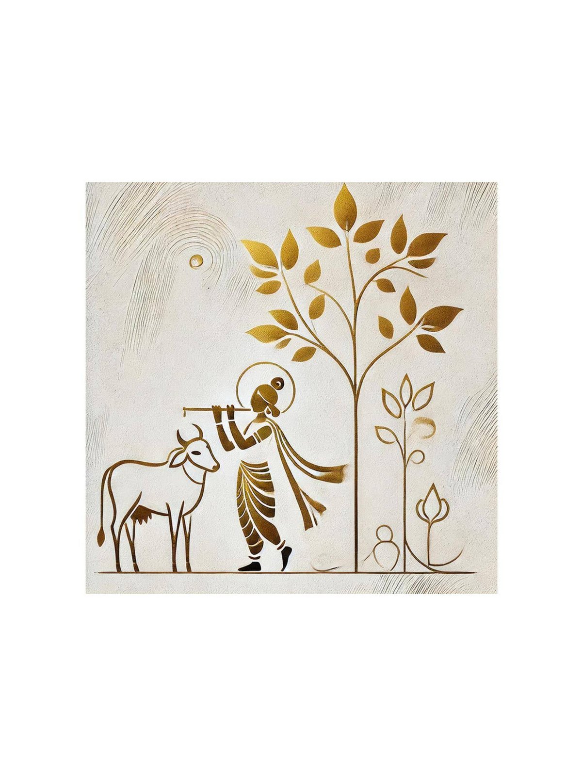 999Store Minimalist Golden Outline Of Krishna Playing The Flute Under A Tree - Canvas Painting