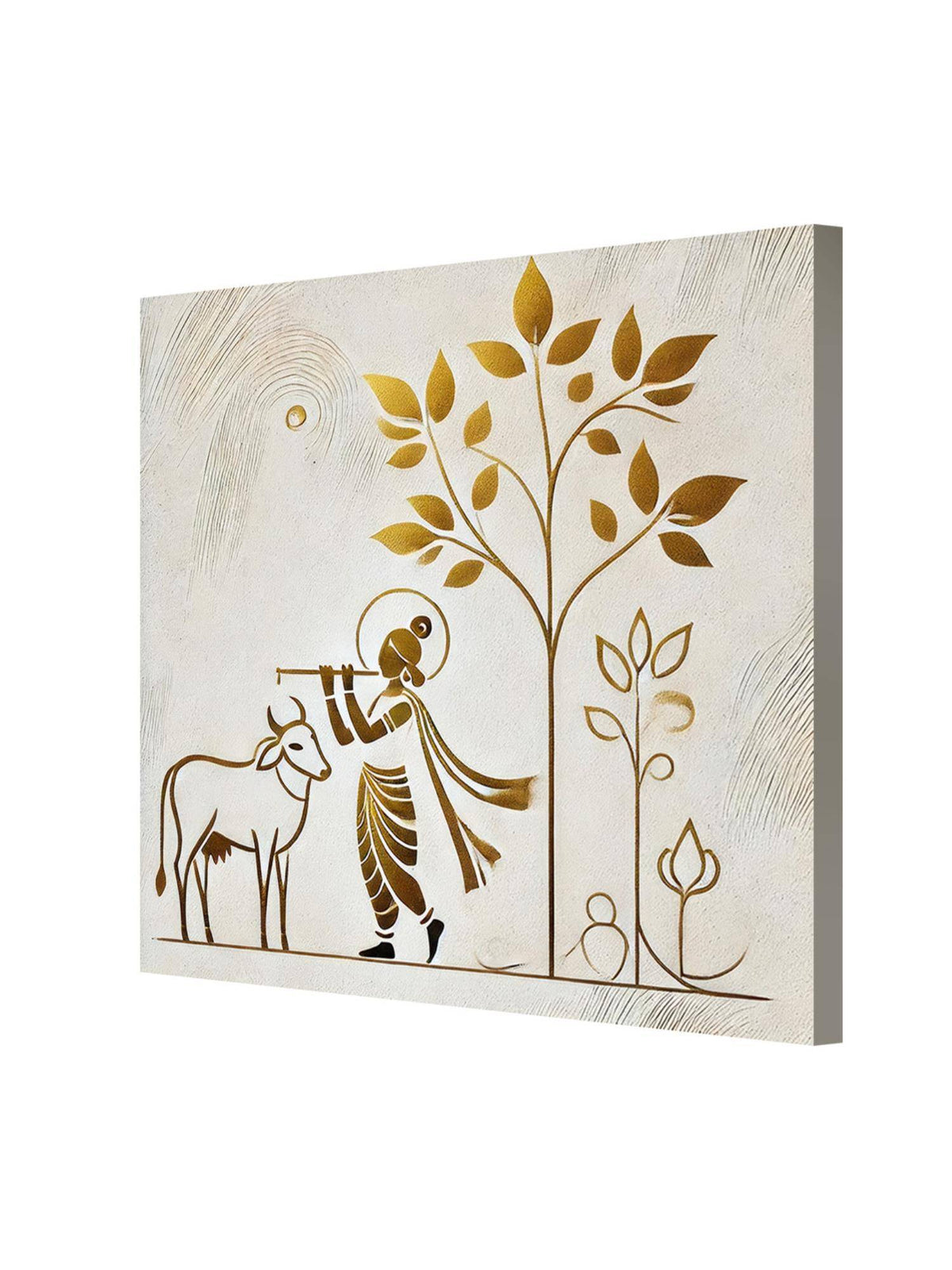 999Store Minimalist Golden Outline Of Krishna Playing The Flute Under A Tree - Canvas Painting