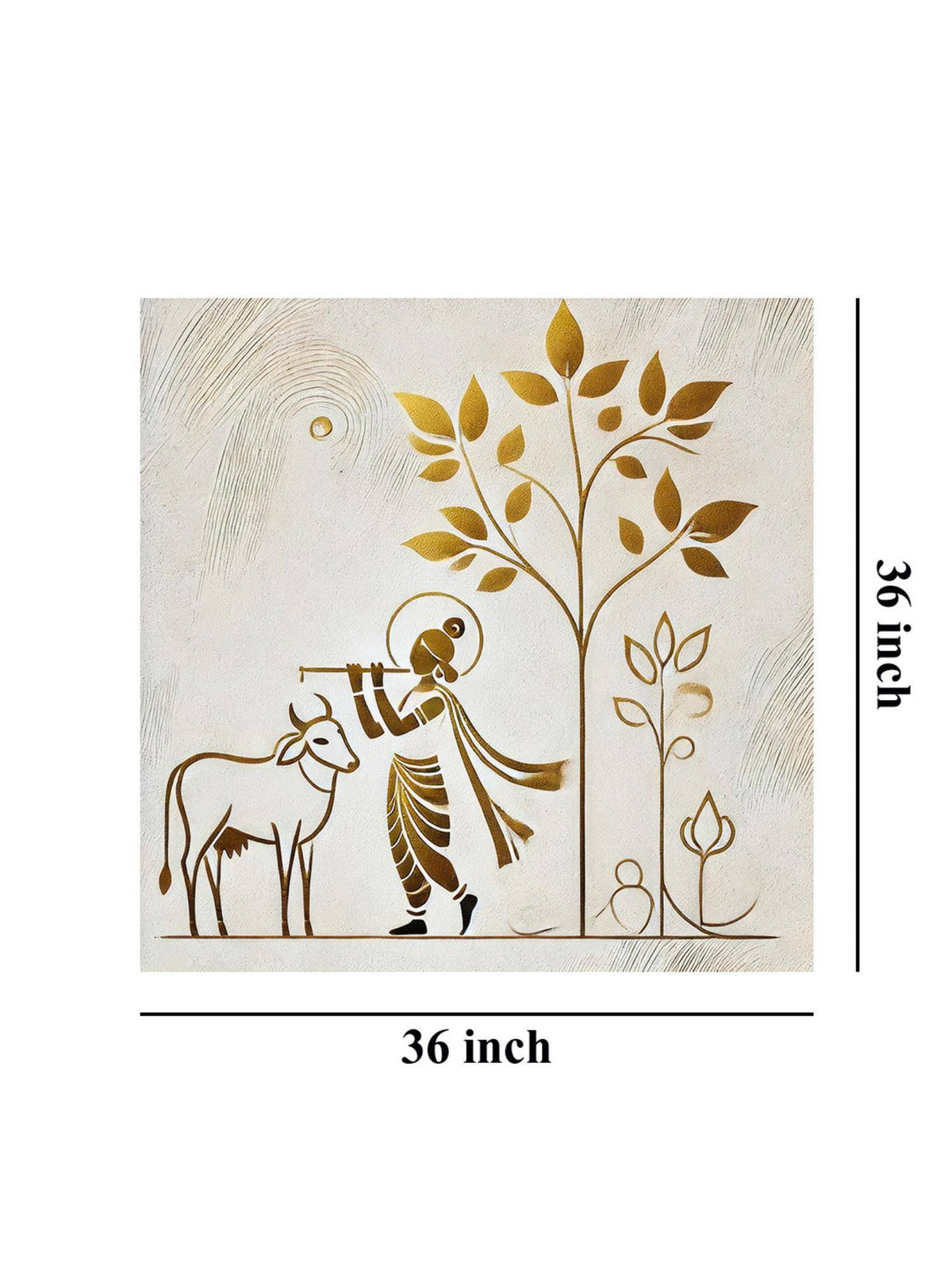 999Store Minimalist Golden Outline Of Krishna Playing The Flute Under A Tree - Canvas Painting