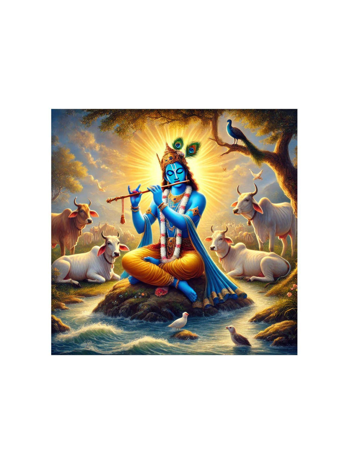 999Store Krishna Playing The Flute Among Sacred Cows In A Serene Landscape - Canvas Painting