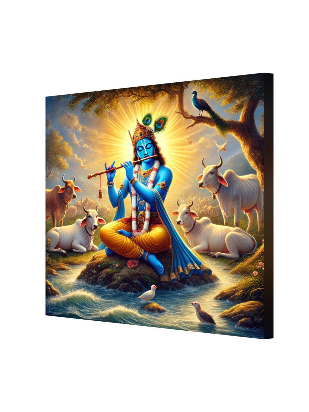 999Store Krishna Playing The Flute Among Sacred Cows In A Serene Landscape - Canvas Painting