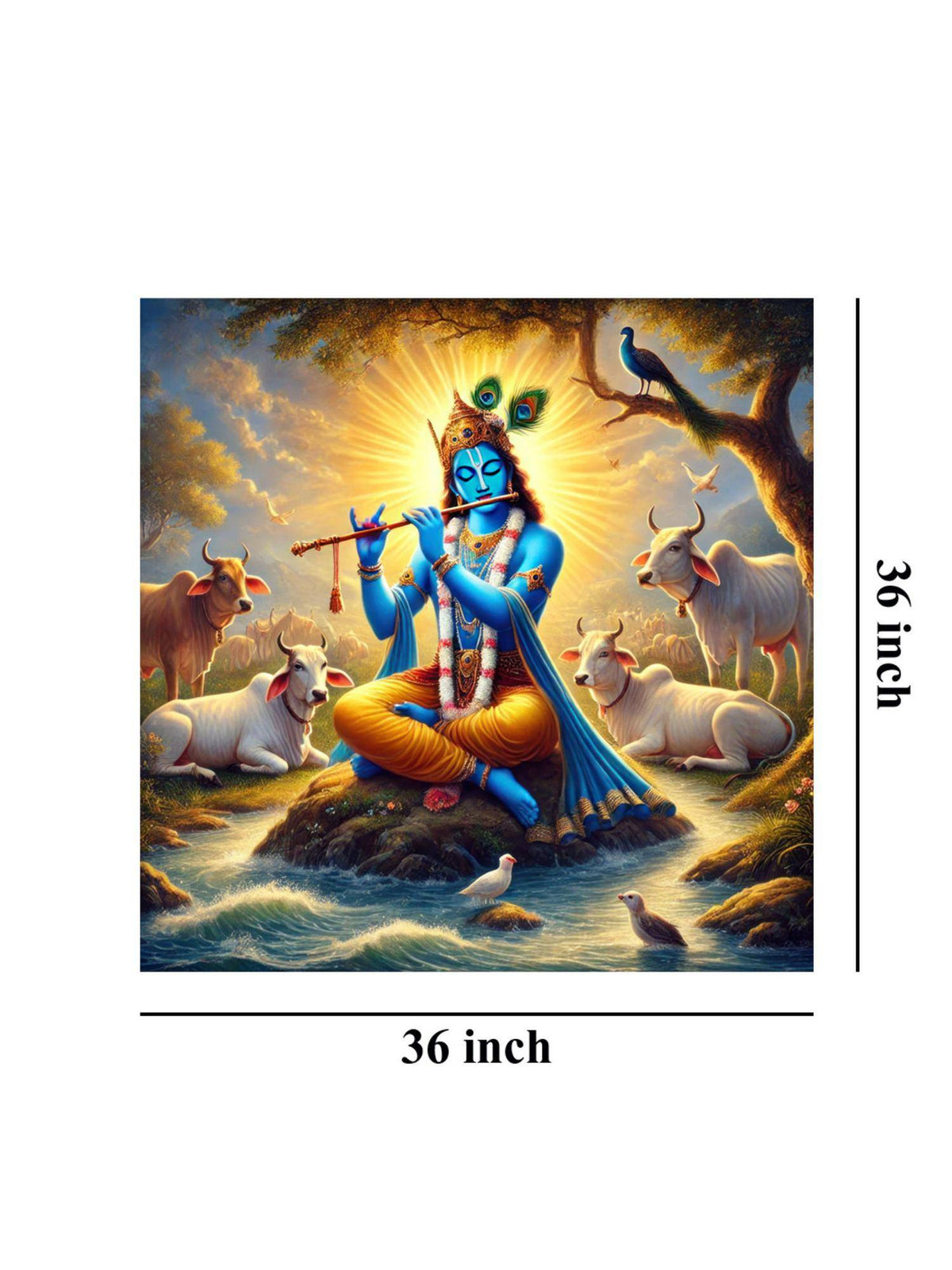 999Store Krishna Playing The Flute Among Sacred Cows In A Serene Landscape - Canvas Painting