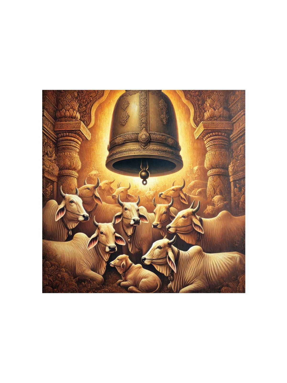 999Store Cows Resting Underneath A Large Temple Bell - Canvas Painting