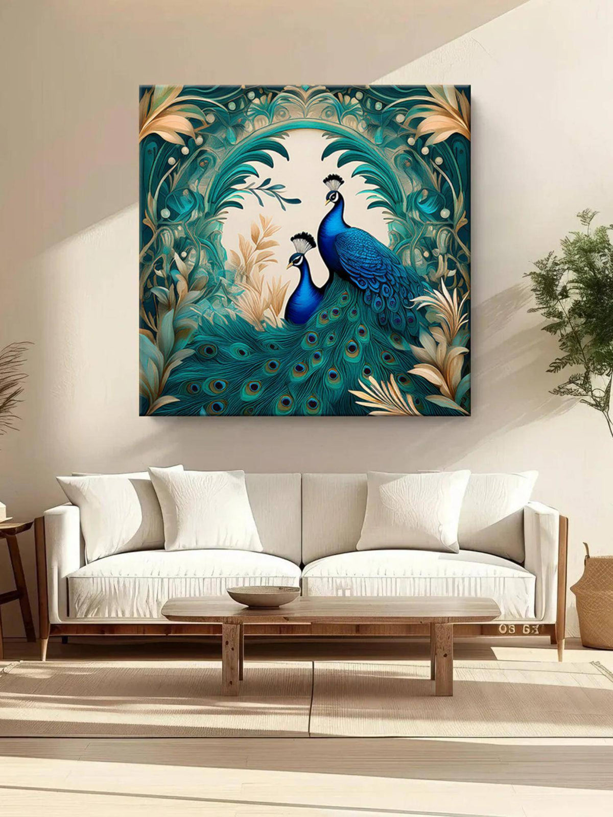 999Store Floral Serenity: Twin Peacocks In Verdant Foliage, A Botanical-Inspired Canvas Painting