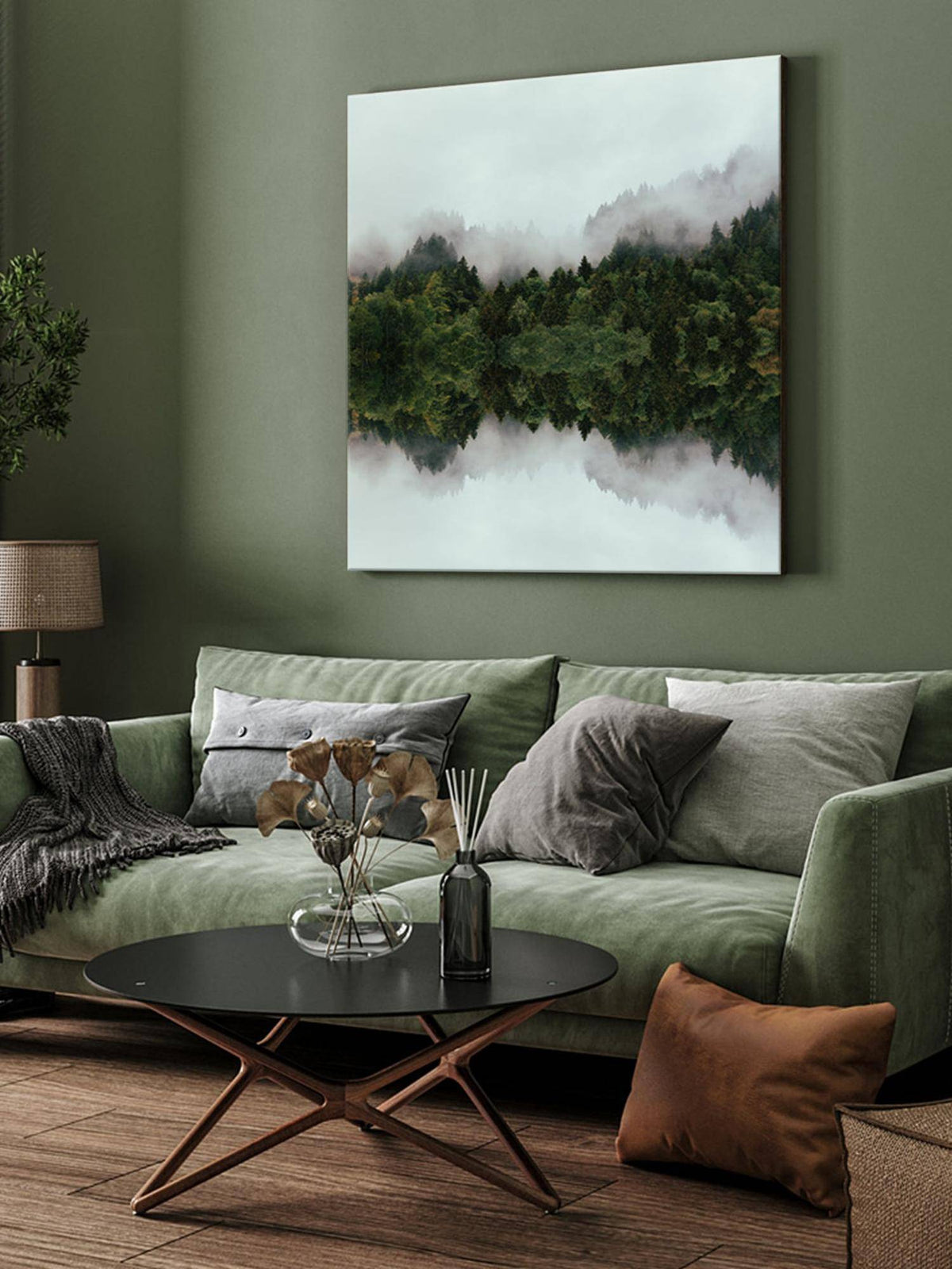 999Store Misty Forest Reflection Canvas-Wrapped Painting