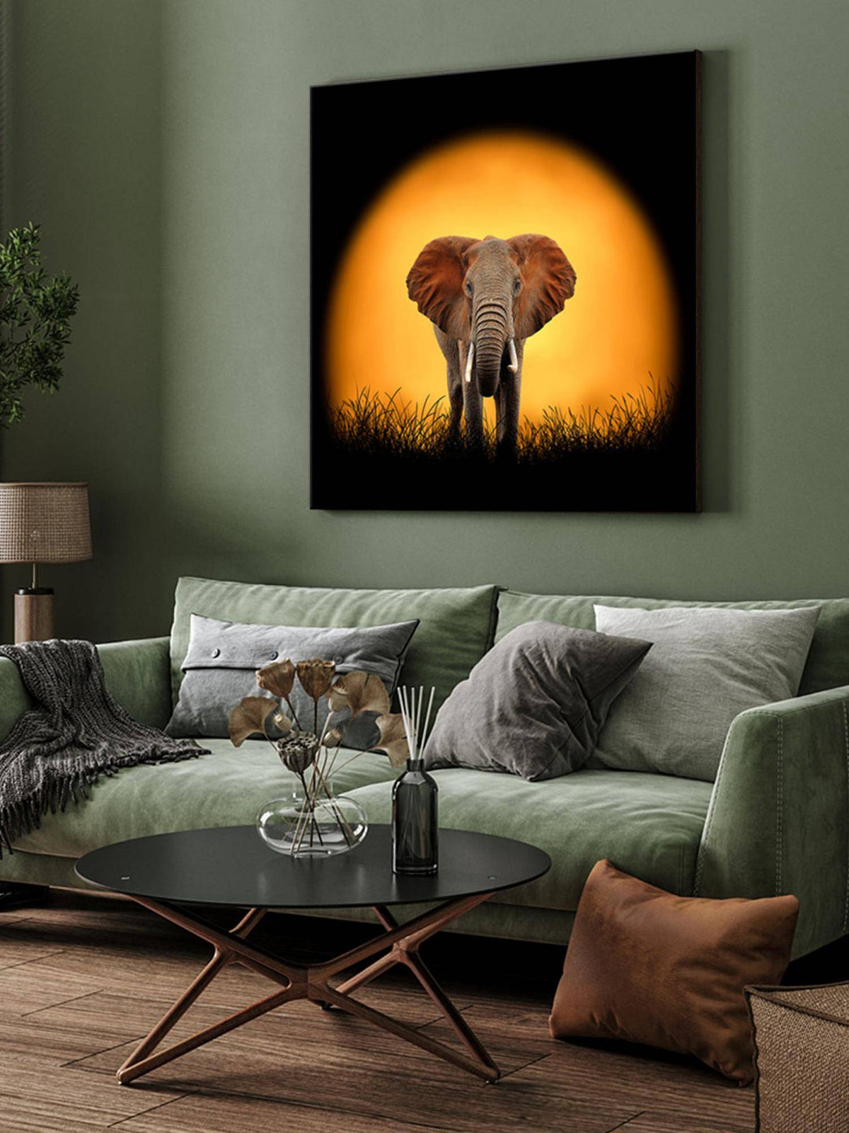 999Store Sunset Elephant Canvas-Wrapped Painting