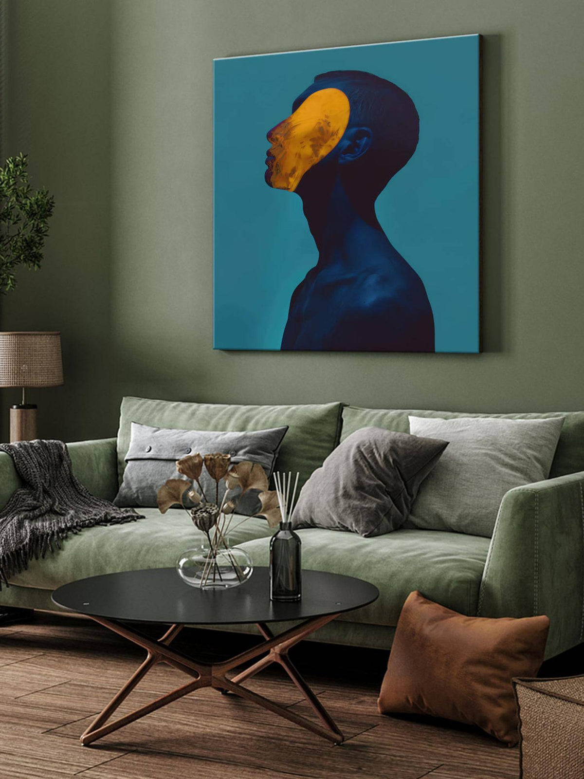 999Store Minimalist Yellow Mask Portrait Canvas-Wrapped Painting