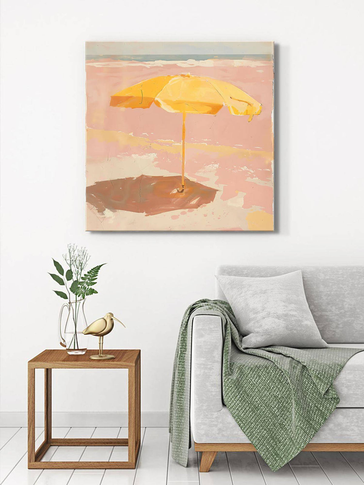 999Store Canvas-Wrapped Minimalist Yellow Umbrella Beach Painting