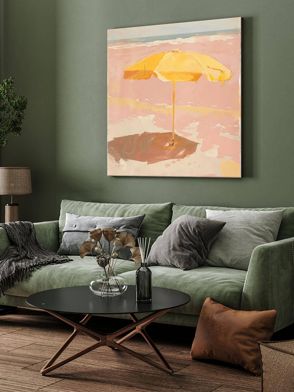 999Store Canvas-Wrapped Minimalist Yellow Umbrella Beach Painting