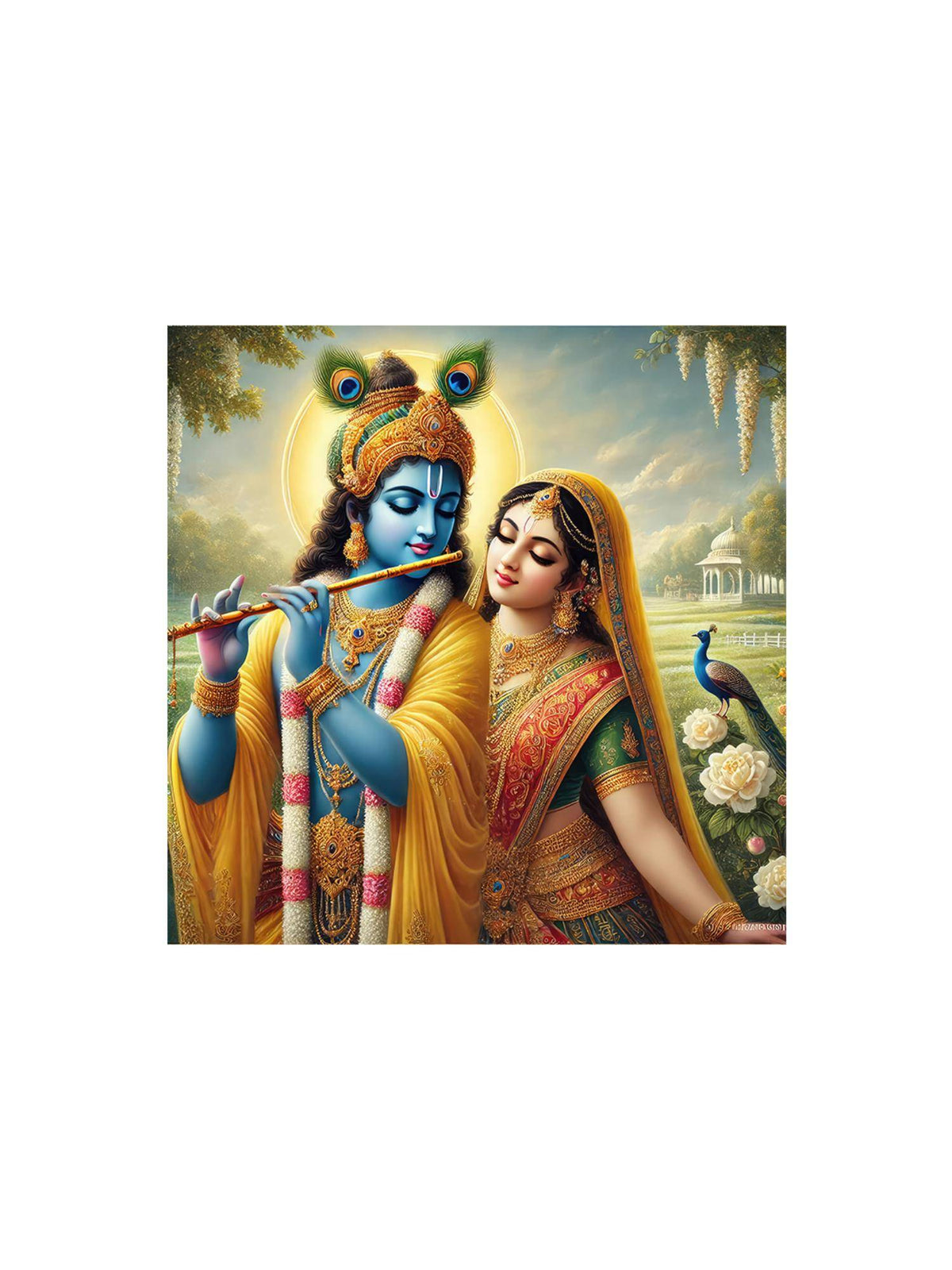 999Store Canvas Wrapped Painting Of Krishna Playing Flute In Serene Landscape - Divine Wall Art