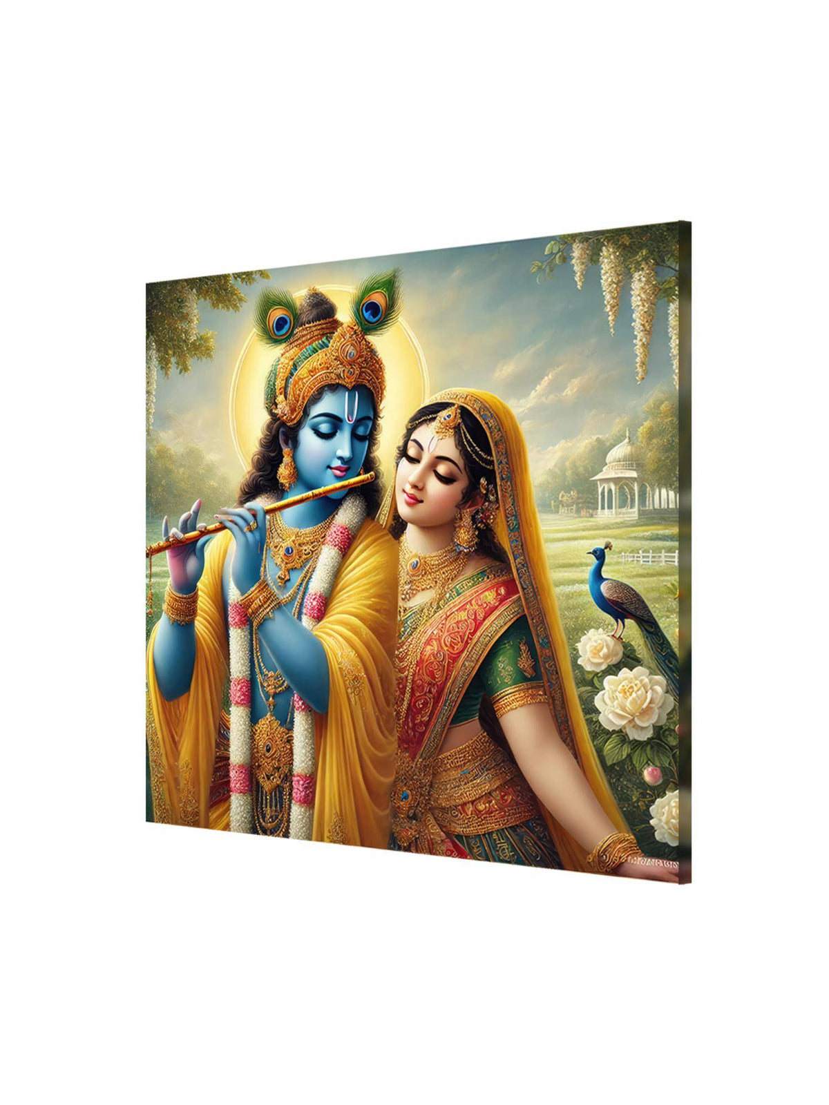 999Store Canvas Wrapped Painting Of Krishna Playing Flute In Serene Landscape - Divine Wall Art