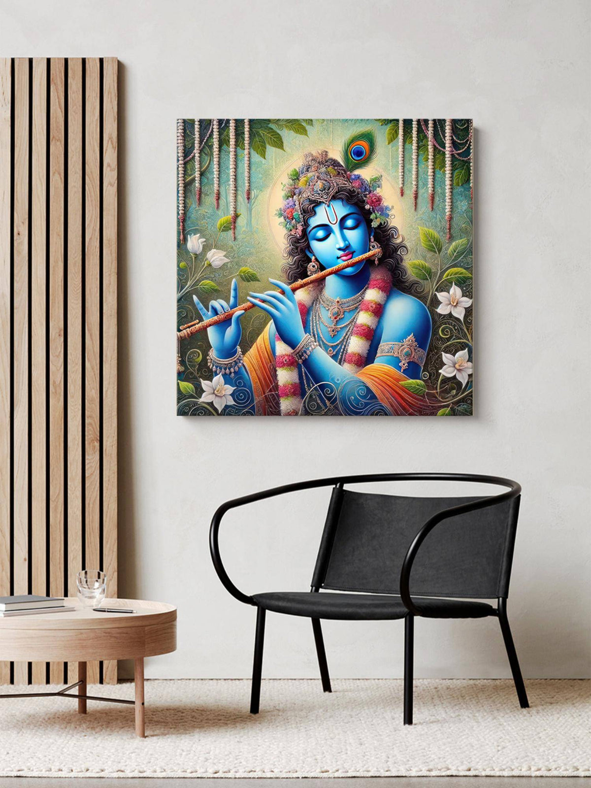 999Store Floral Krishna Canvas Painting - Hindu Spiritual Art For Home And Temple Decor · Free Size