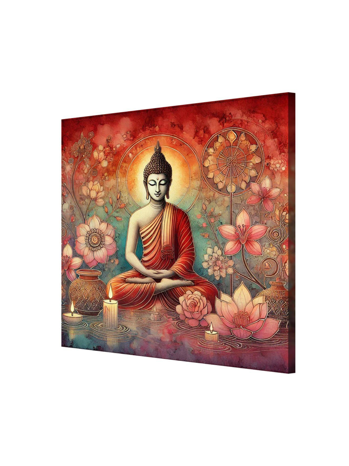 999Store Canvas Wrapped Painting Of Buddha With Lotus And Candles - Harmonious Art For Serenity