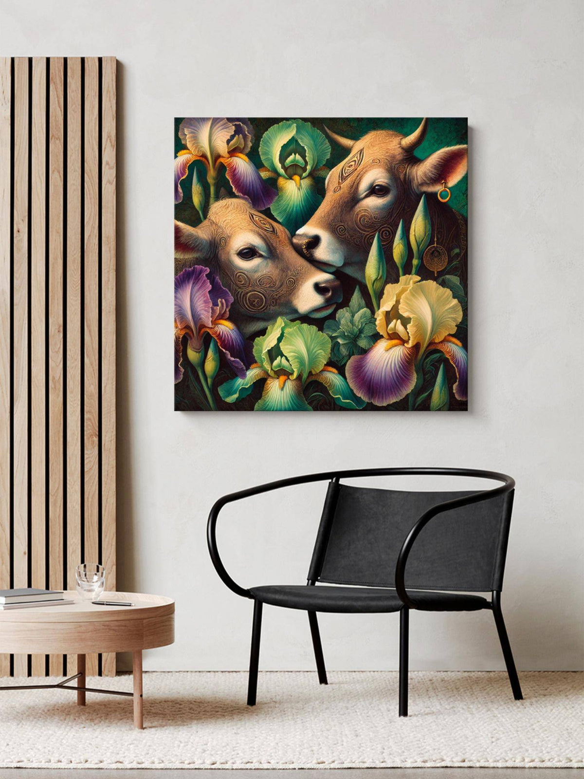 999Store Canvas Wrapped Painting Of Two Cows With Flowers - Rustic Art For Traditional Homes