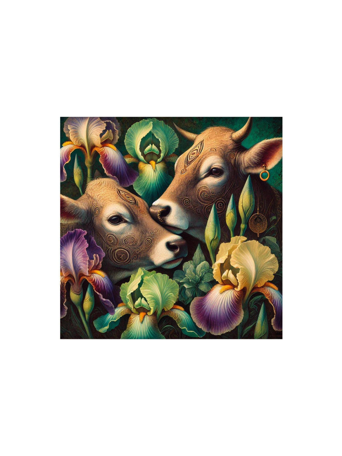999Store Canvas Wrapped Painting Of Two Cows With Flowers - Rustic Art For Traditional Homes
