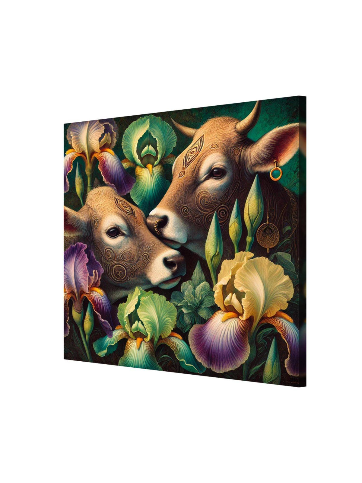 999Store Canvas Wrapped Painting Of Two Cows With Flowers - Rustic Art For Traditional Homes