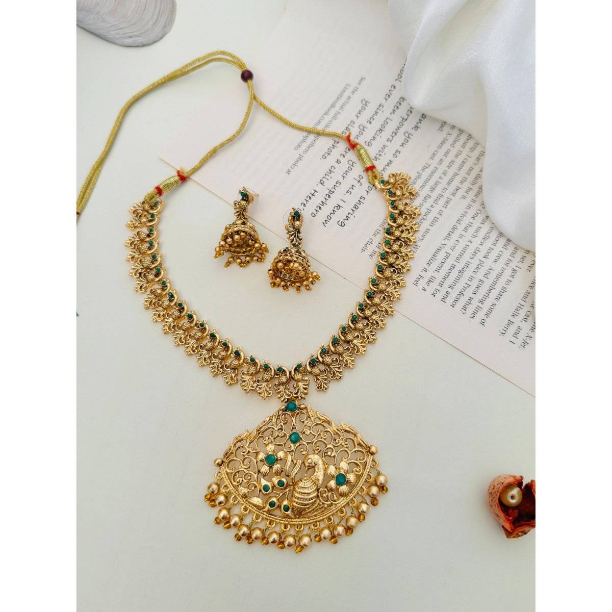 Abdesigns Green Enchanting Gold Plated Temple Necklace Set · One Size