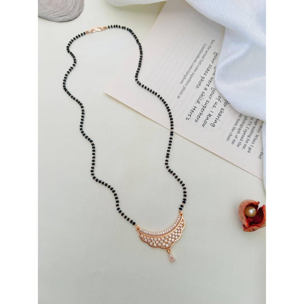 Abdesigns White Rose Gold Plated American Diamond Studded Beaded Mangalsutra