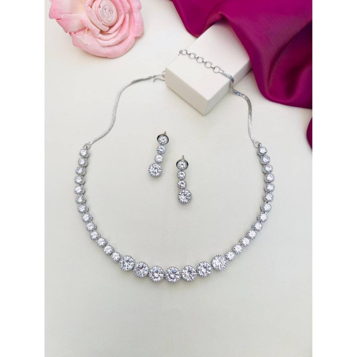 Abdesigns White Enchanting Silver Plated American Diamond Necklace Set