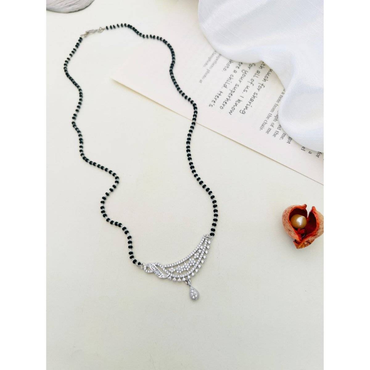 Abdesigns White Silver Plated American Diamond Studded Beaded Mangalsutra