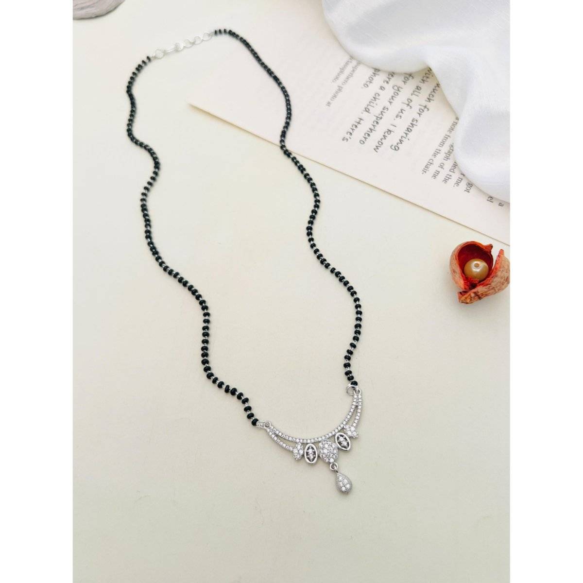 Abdesigns White Silver Plated American Diamond Studded Beaded Mangalsutra
