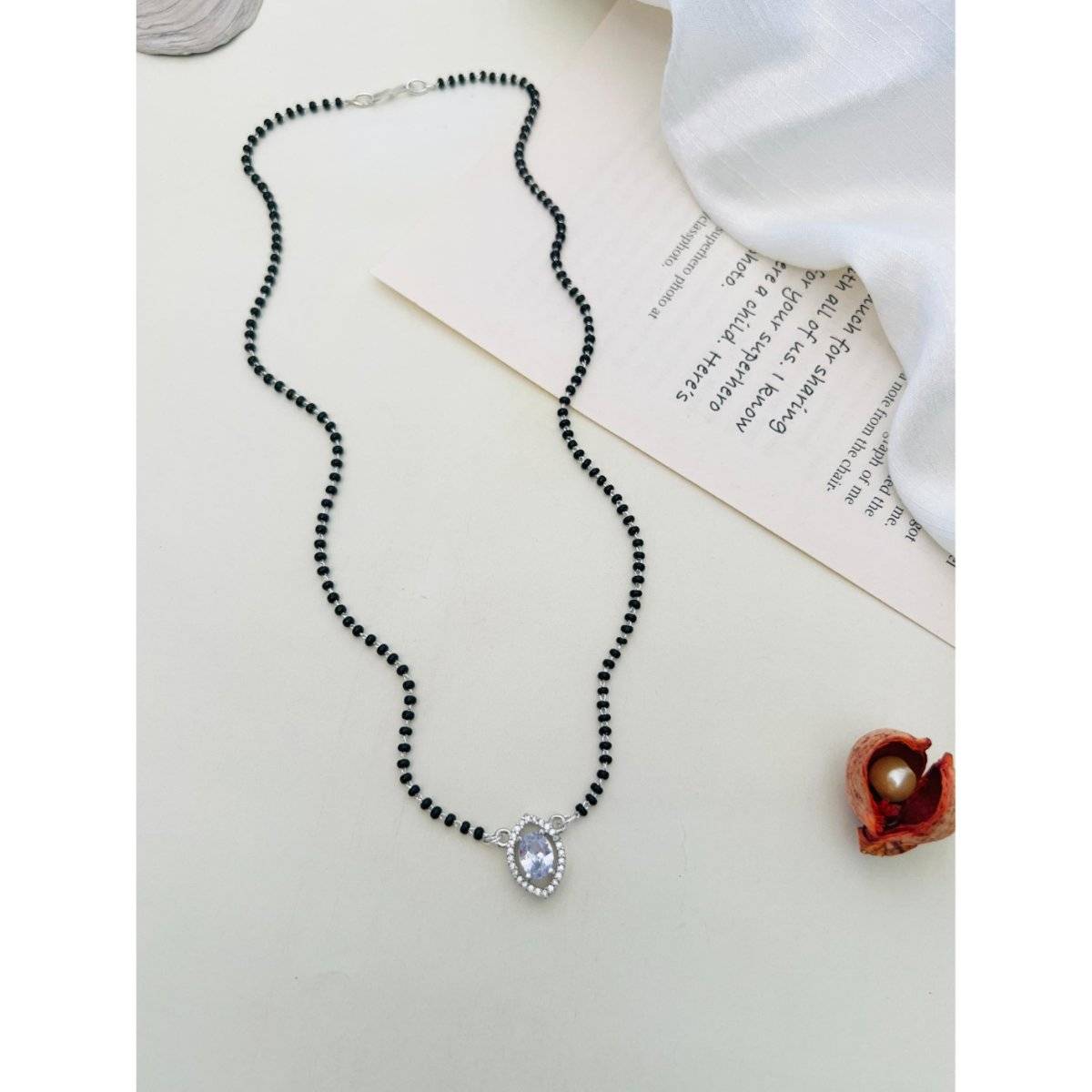 Abdesigns White Silver Plated American Diamond Studded Beaded Mangalsutra