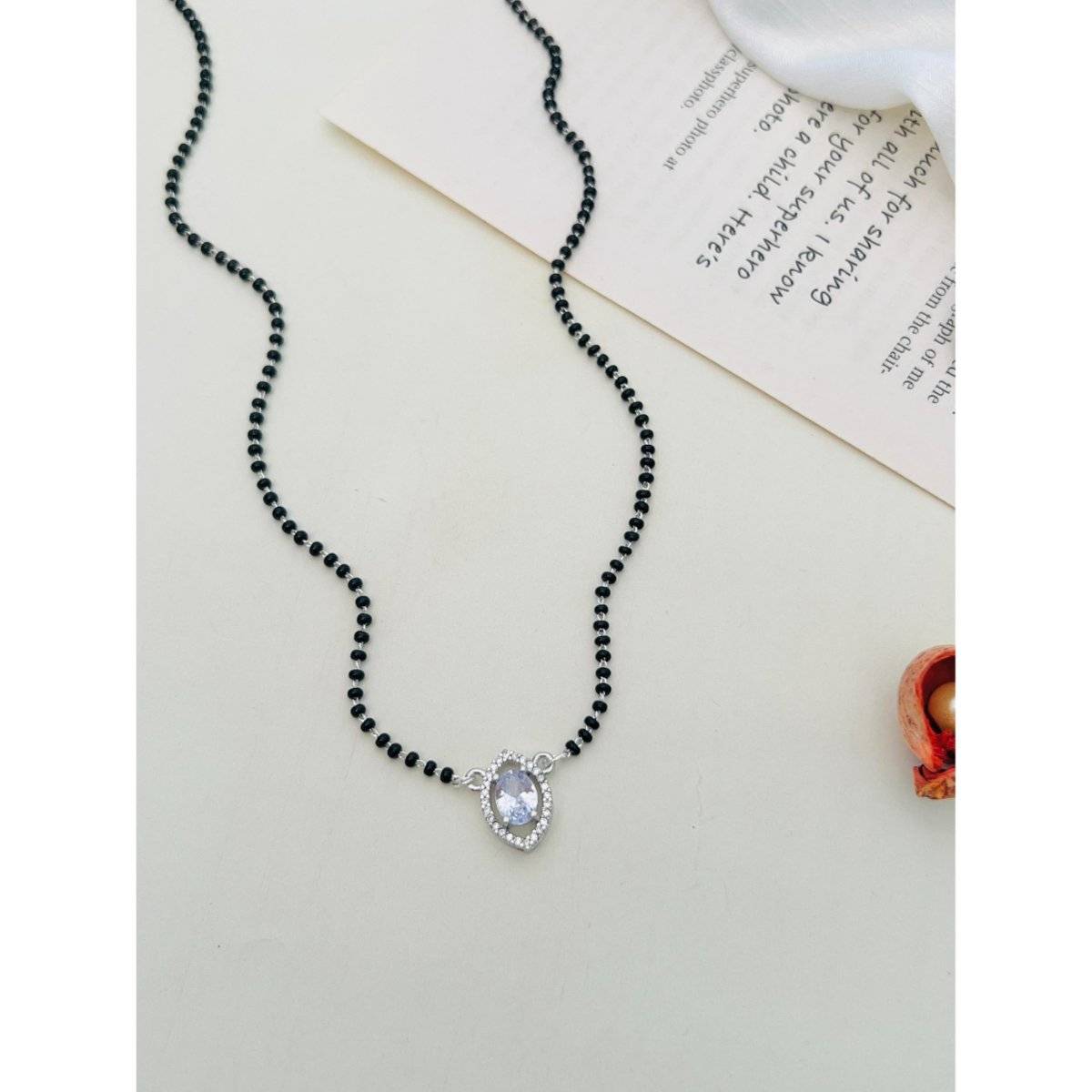 Abdesigns White Silver Plated American Diamond Studded Beaded Mangalsutra