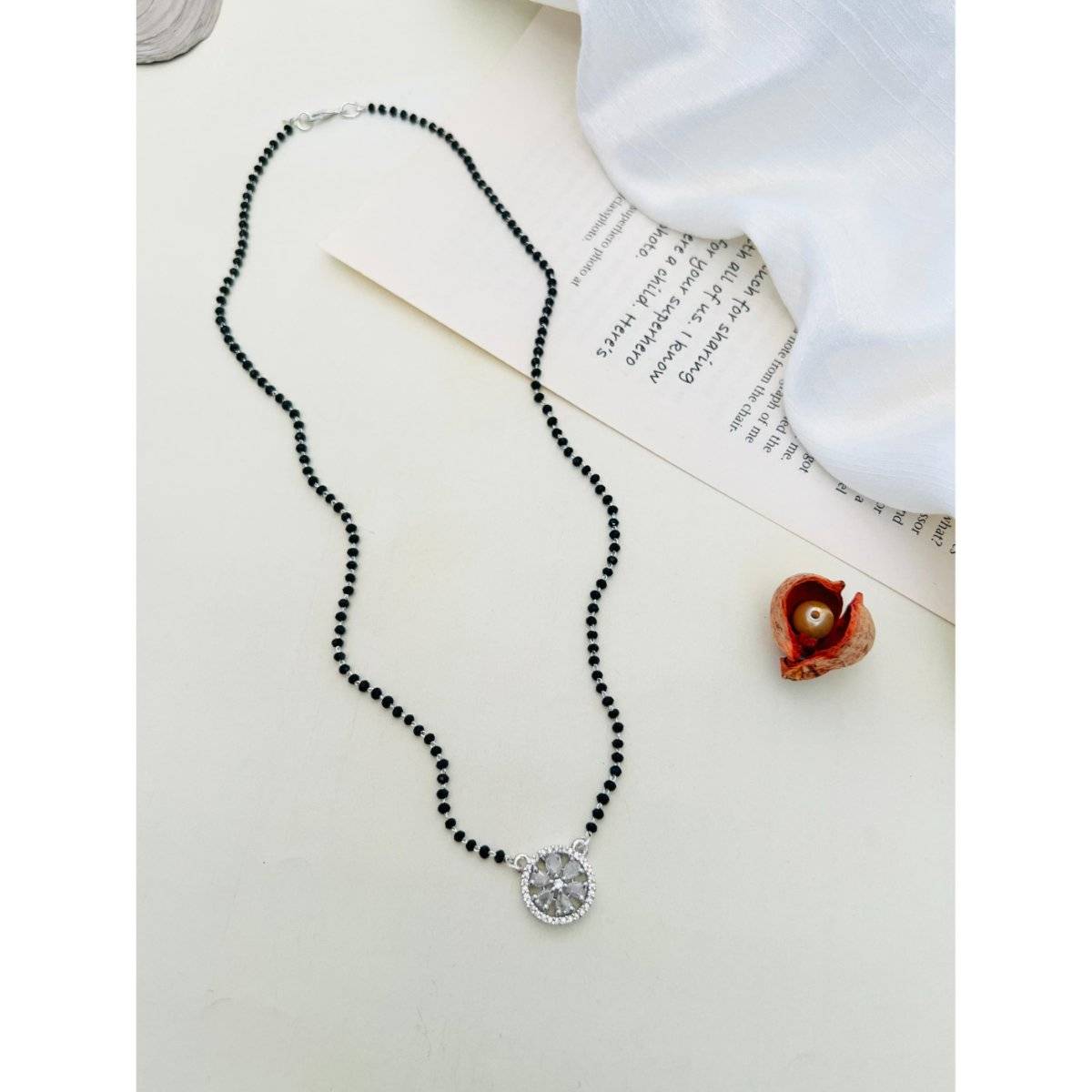 Abdesigns White Silver Plated American Diamond Studded Beaded Mangalsutra