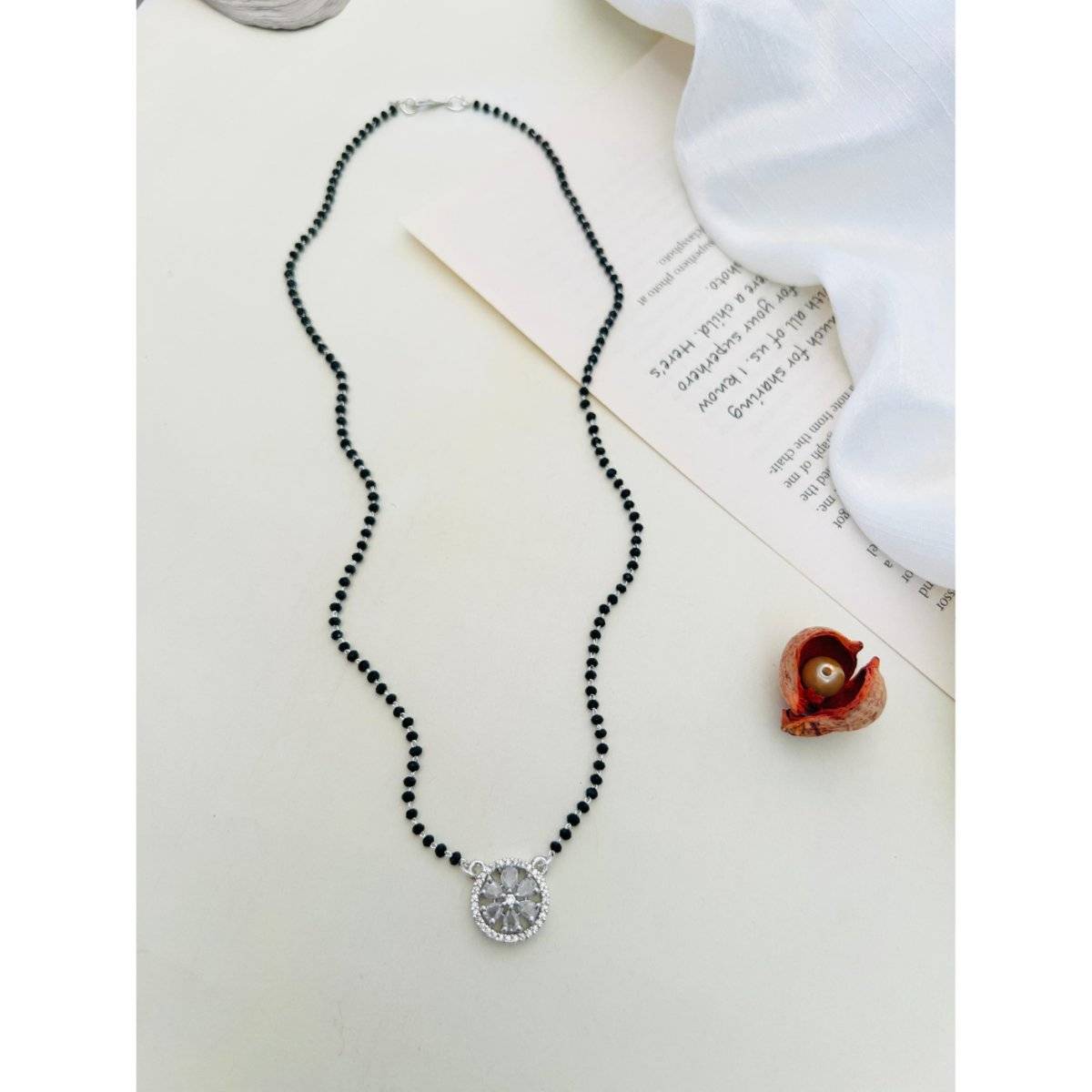 Abdesigns White Silver Plated American Diamond Studded Beaded Mangalsutra