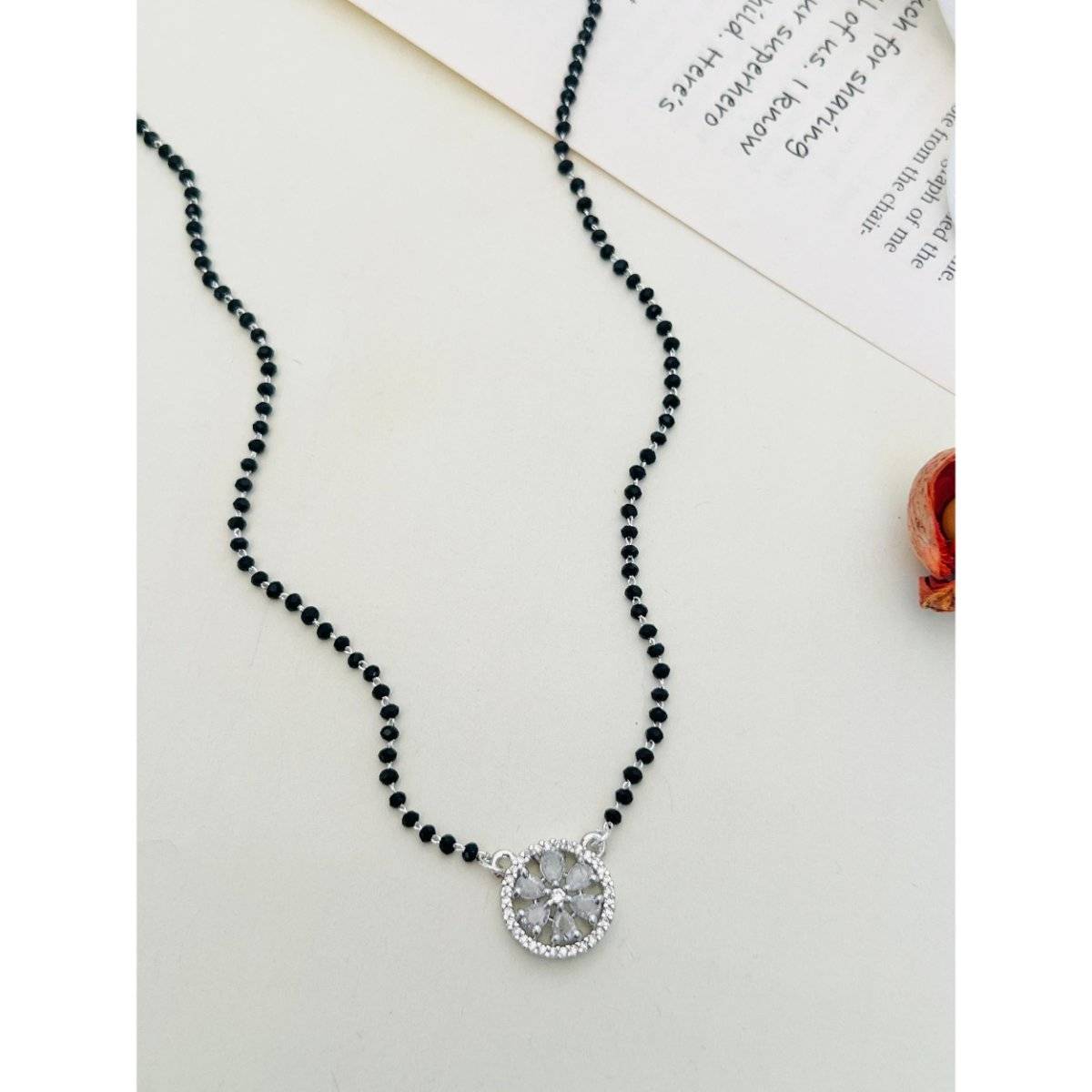 Abdesigns White Silver Plated American Diamond Studded Beaded Mangalsutra