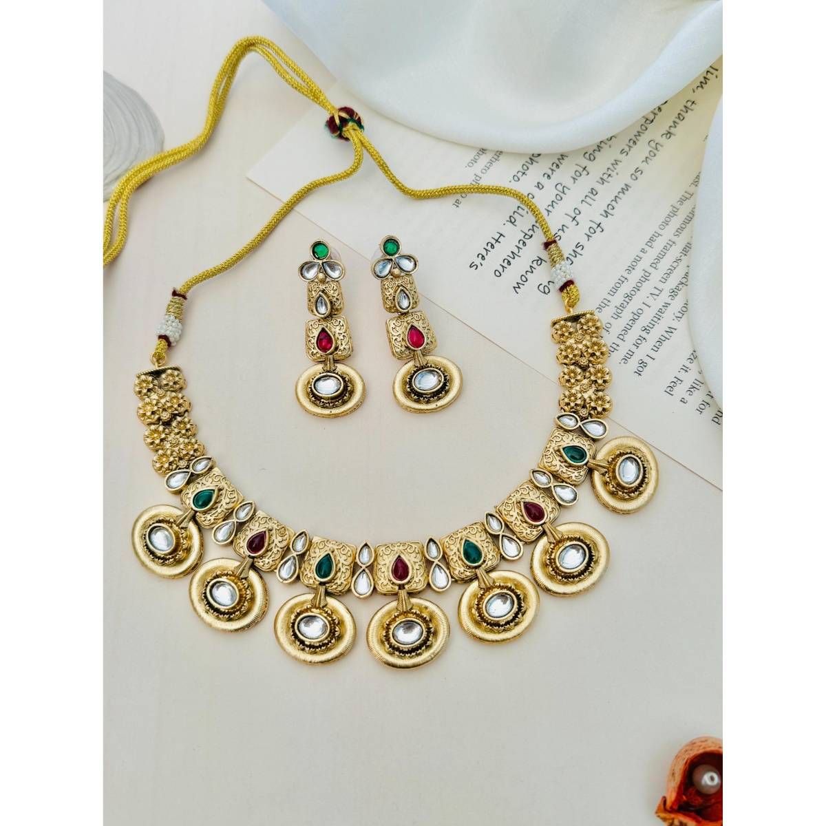 Abdesigns Enchanting Gold Plated Kundan Antique Necklace with Earrings