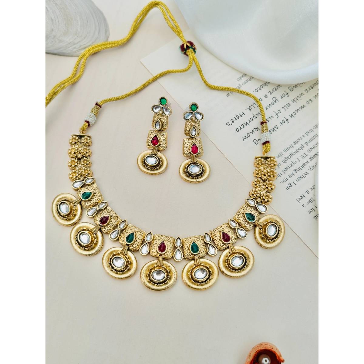 Abdesigns Enchanting Gold Plated Kundan Antique Necklace with Earrings
