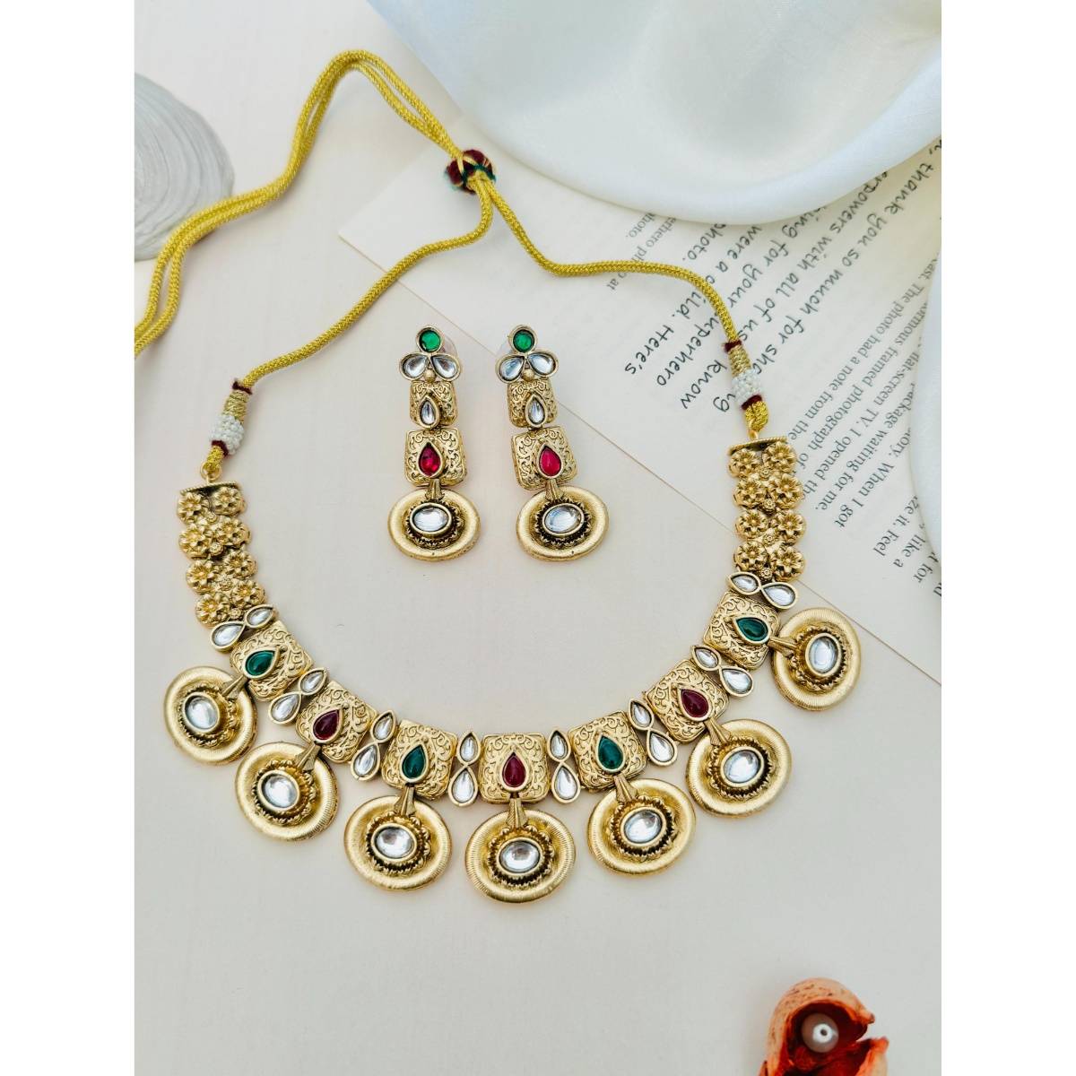 Abdesigns Enchanting Gold Plated Kundan Antique Necklace with Earrings
