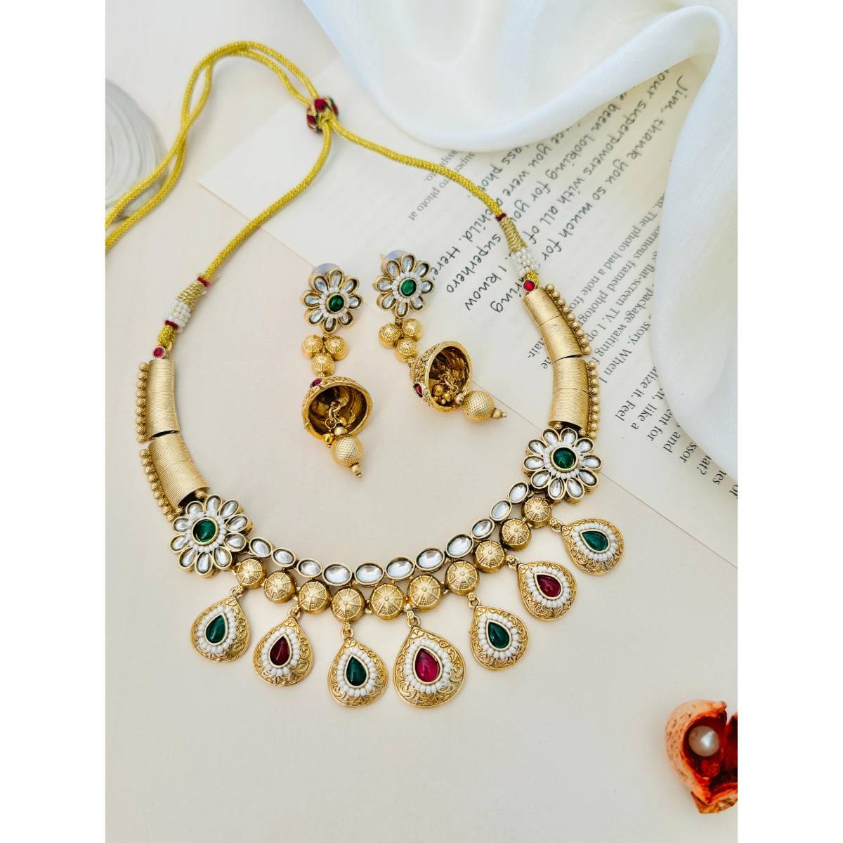 Abdesigns Sophisticated Gold Plated Kundan Antique Necklace with Earrings