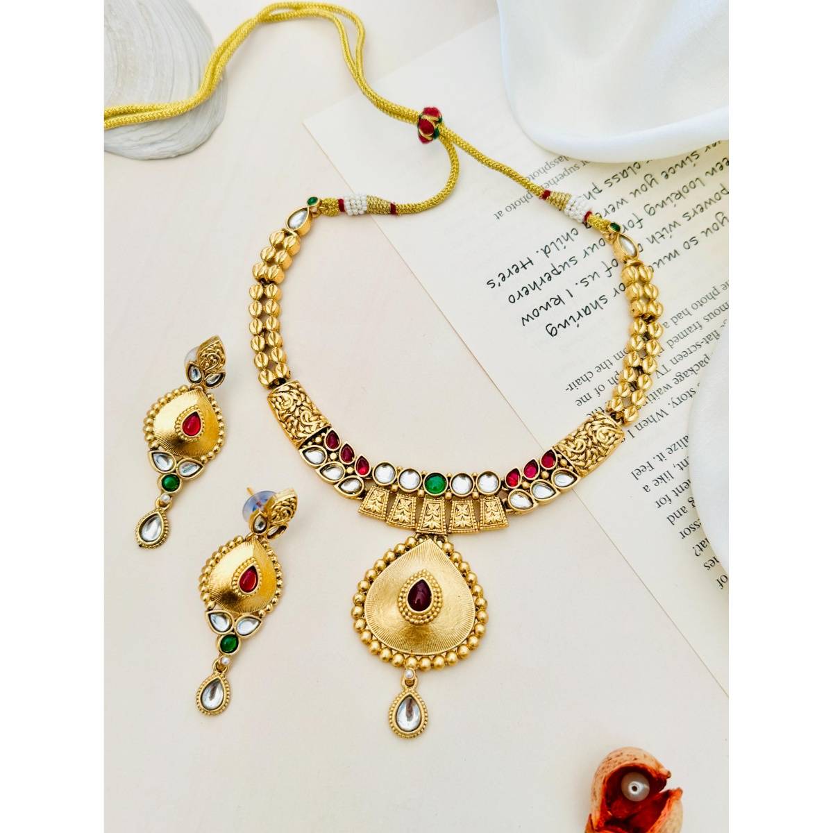 Abdesigns Sophisticated Gold Plated Kundan Antique Necklace with Earrings