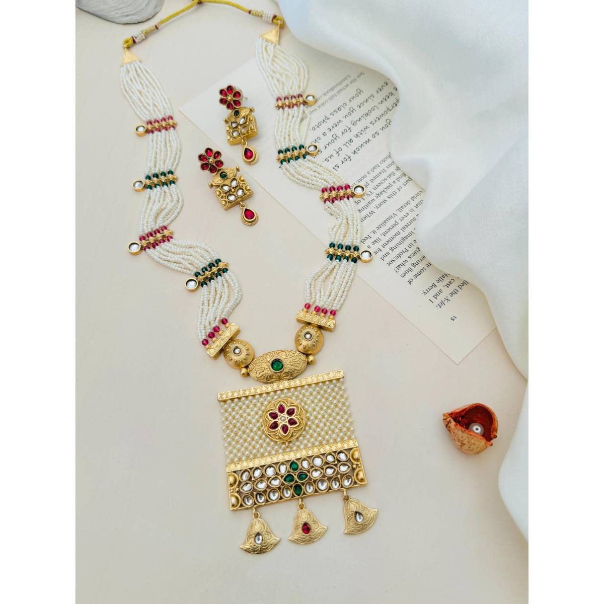 Abdesigns Enchanting Gold Plated Kundan Pearl Necklace with Earrings