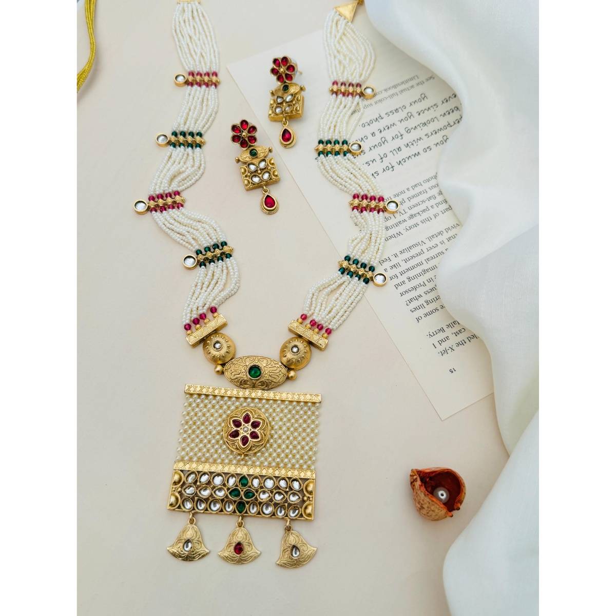 Abdesigns Enchanting Gold Plated Kundan Pearl Necklace with Earrings