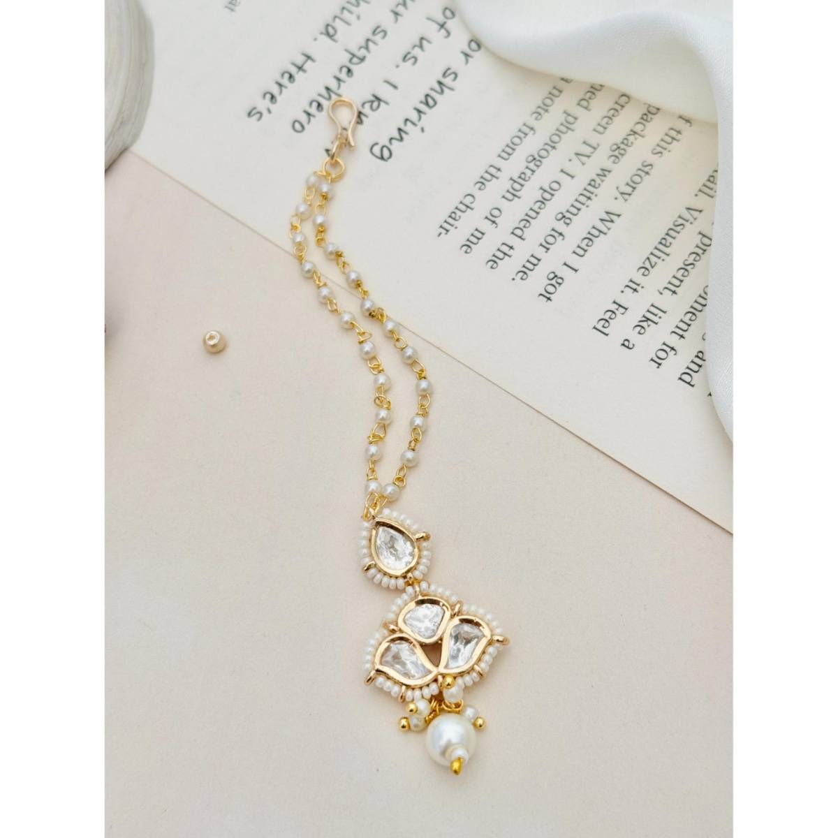 Abdesigns Gold Plated Polki White Kundan Studded and Beaded Maang Tikka