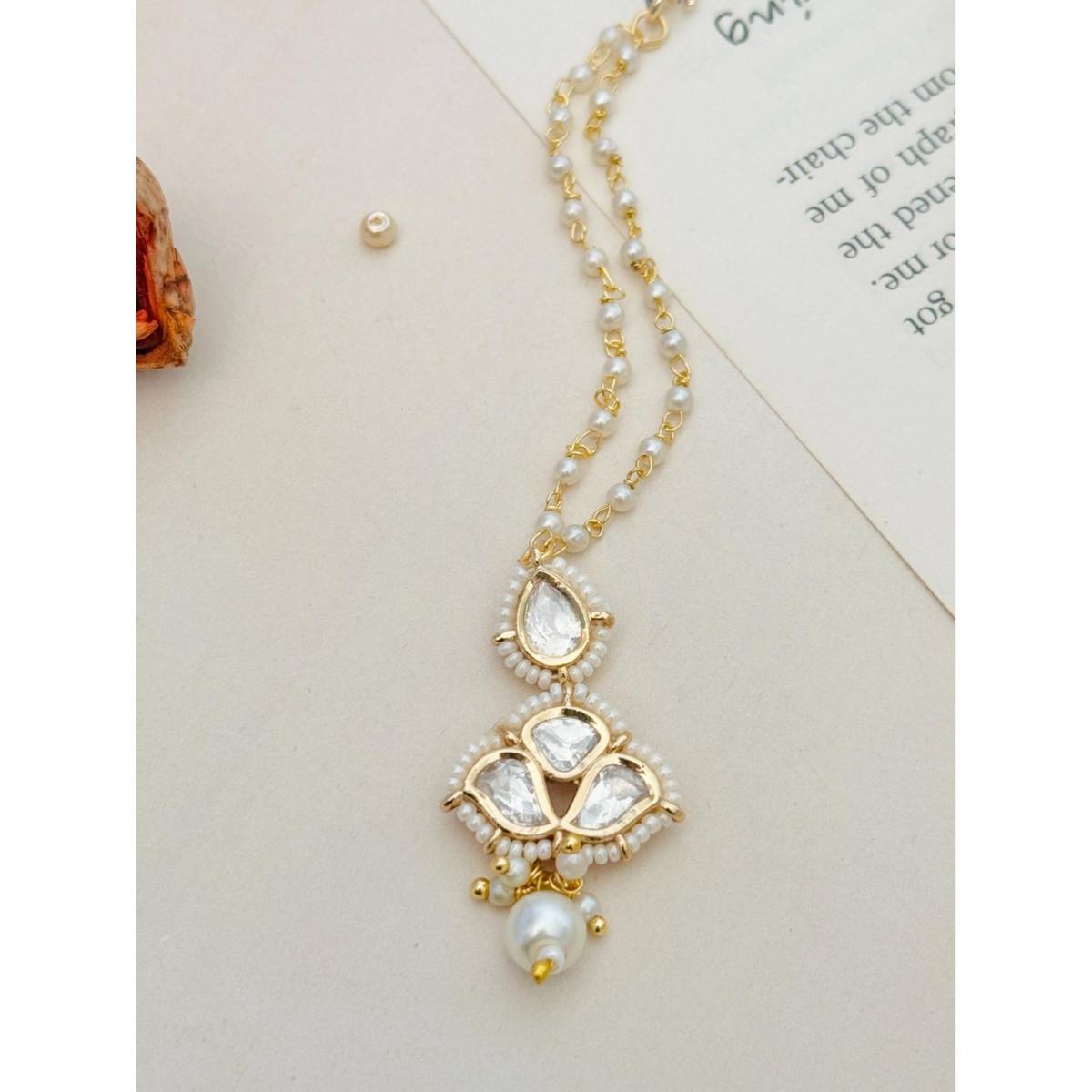 Abdesigns Gold Plated Polki White Kundan Studded and Beaded Maang Tikka