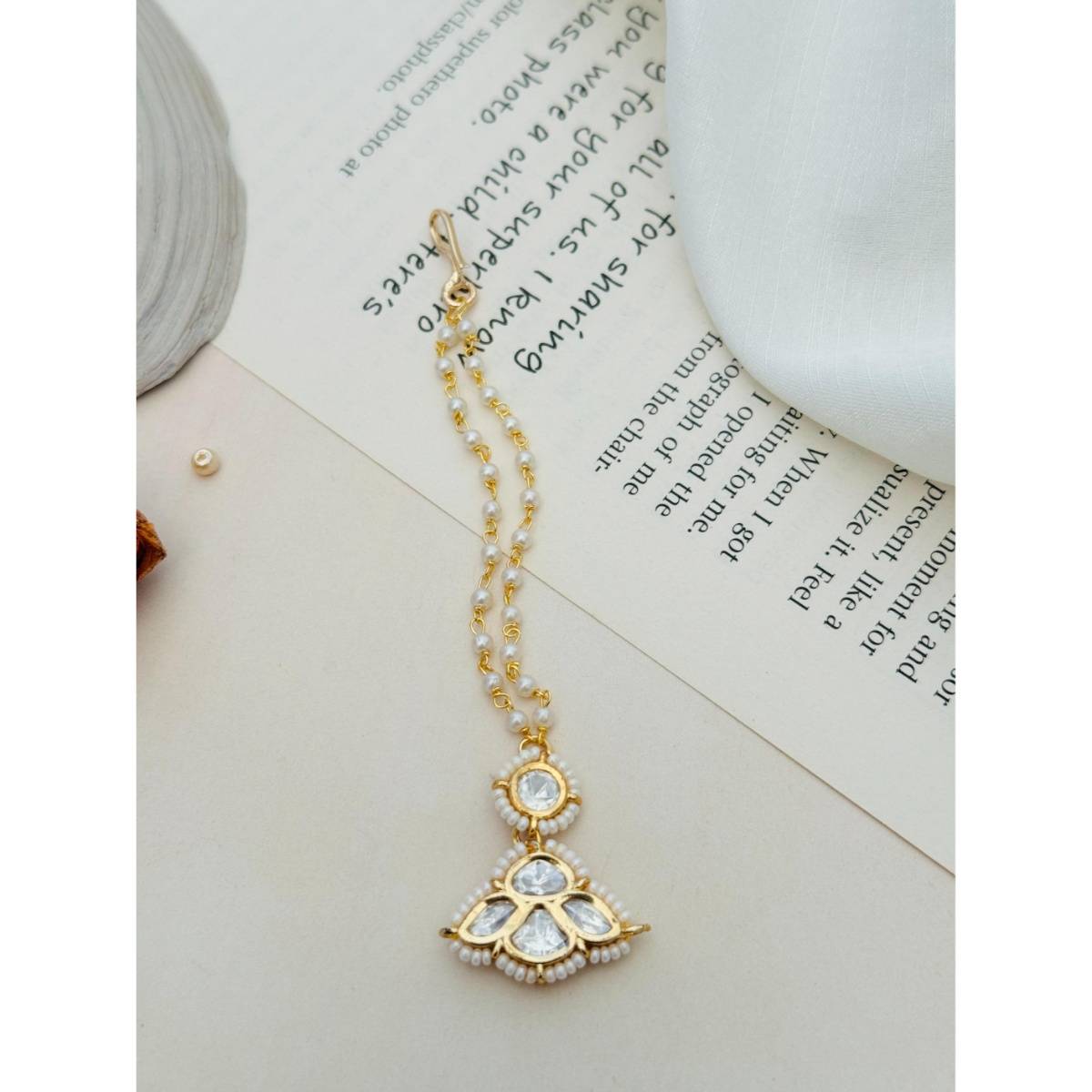 Abdesigns Gold Plated Polki White Kundan Studded and Beaded Maang Tikka