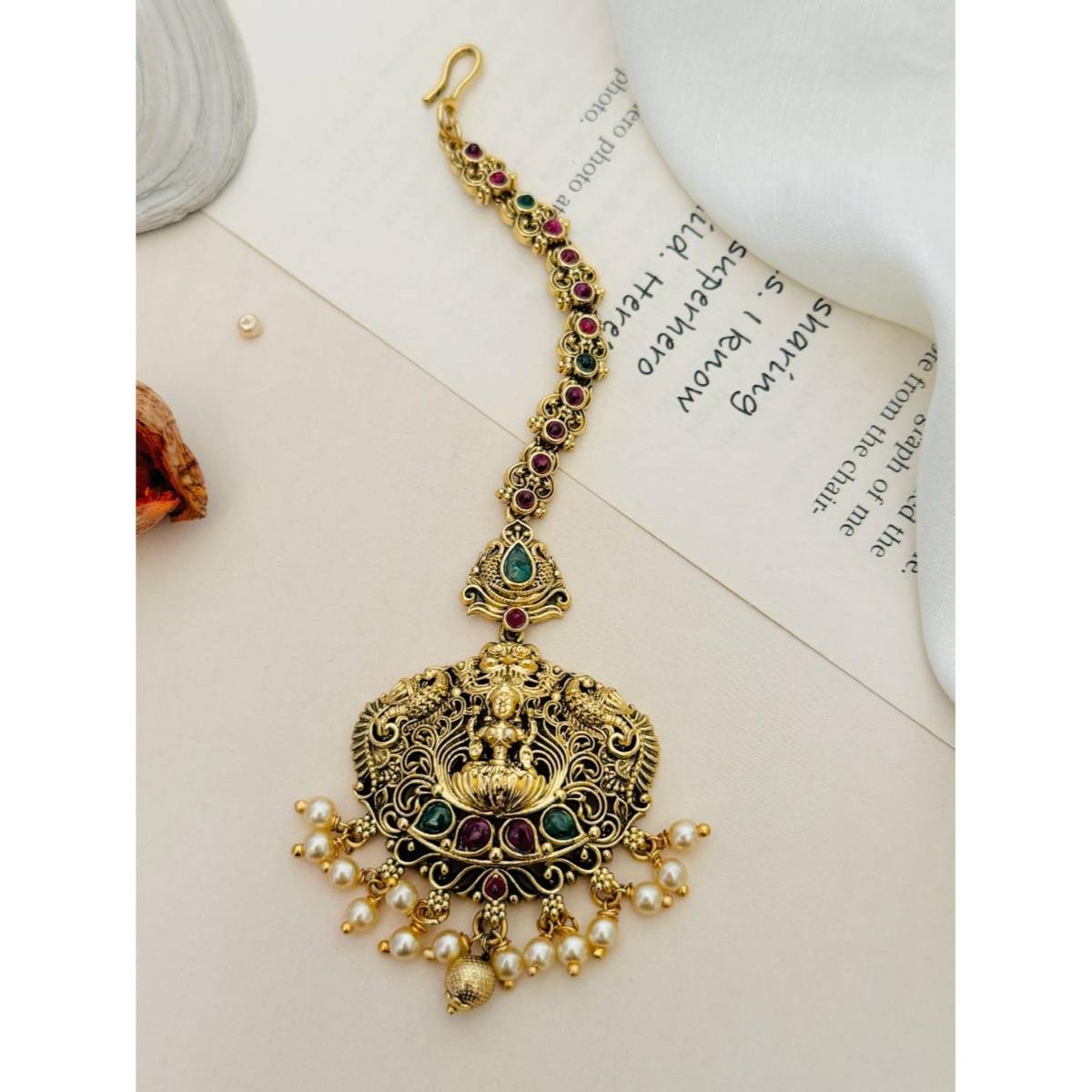 Abdesigns Gold Plated Kemp Stone Studded and Beaded Temple Maang Tikka