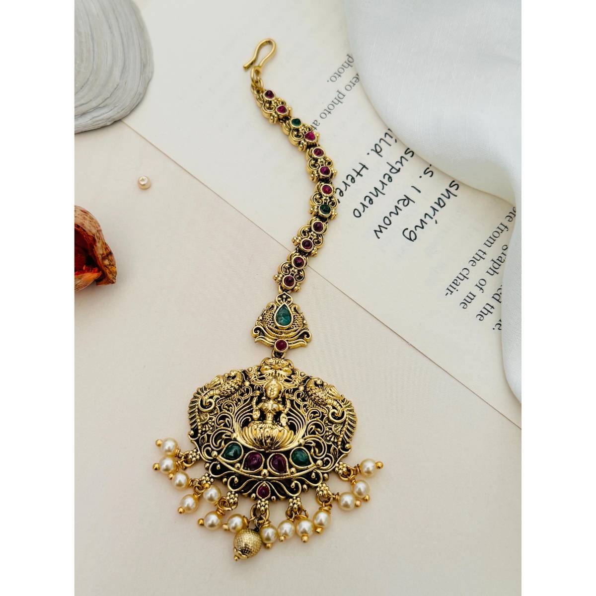 Abdesigns Gold Plated Kemp Stone Studded and Beaded Temple Maang Tikka