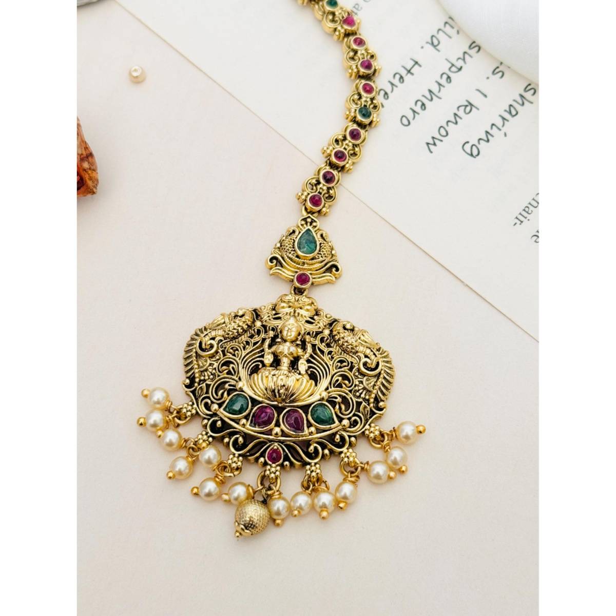 Abdesigns Gold Plated Kemp Stone Studded and Beaded Temple Maang Tikka