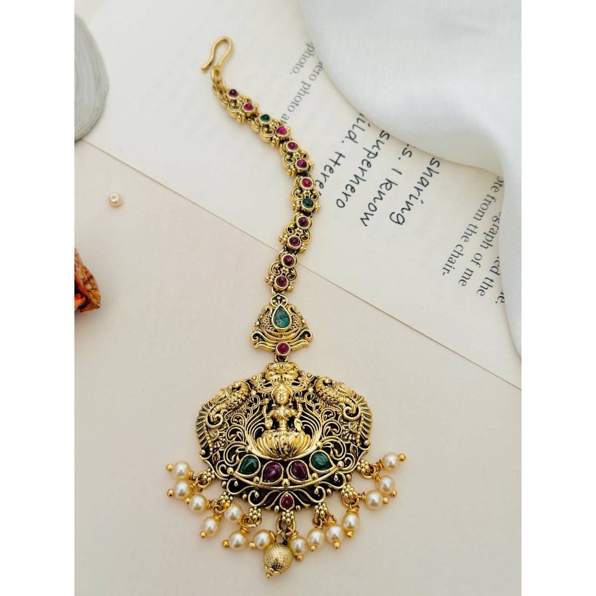 Abdesigns Gold Plated Kemp Stone Studded and Beaded Temple Maang Tikka