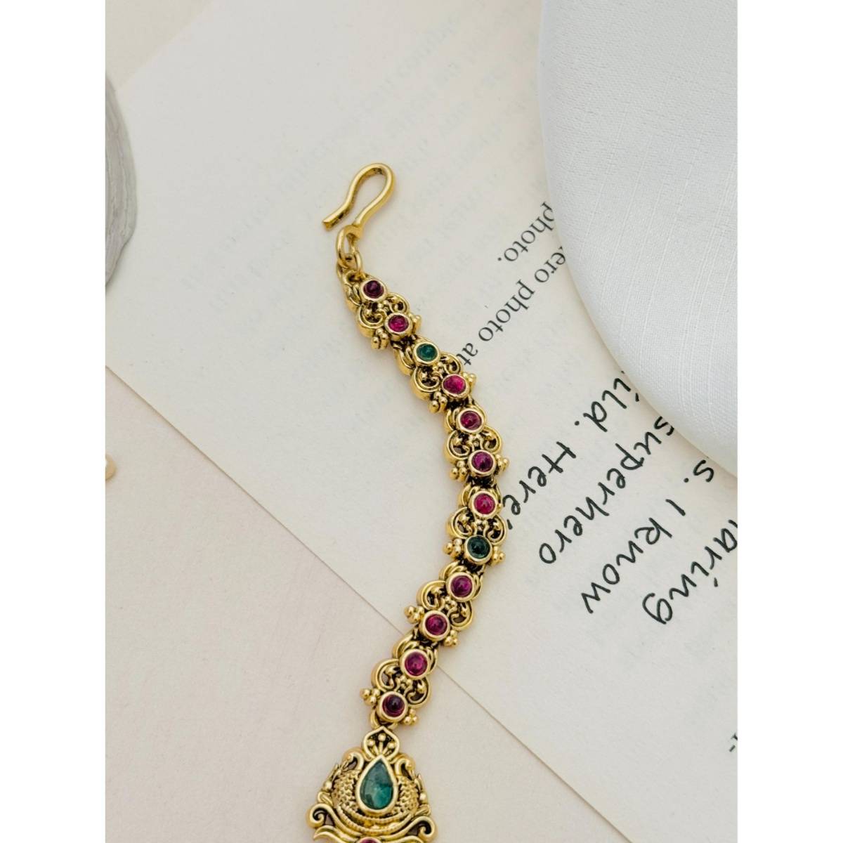 Abdesigns Gold Plated Kemp Stone Studded and Beaded Temple Maang Tikka