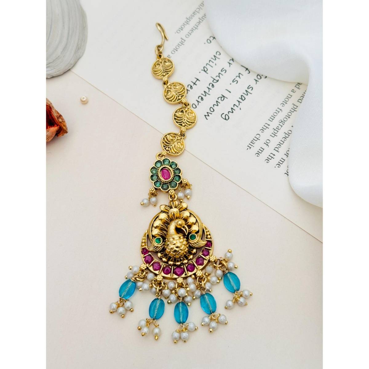 Abdesigns Multi-Color Kemp Stone Studded and Beaded Temple Maang Tikka